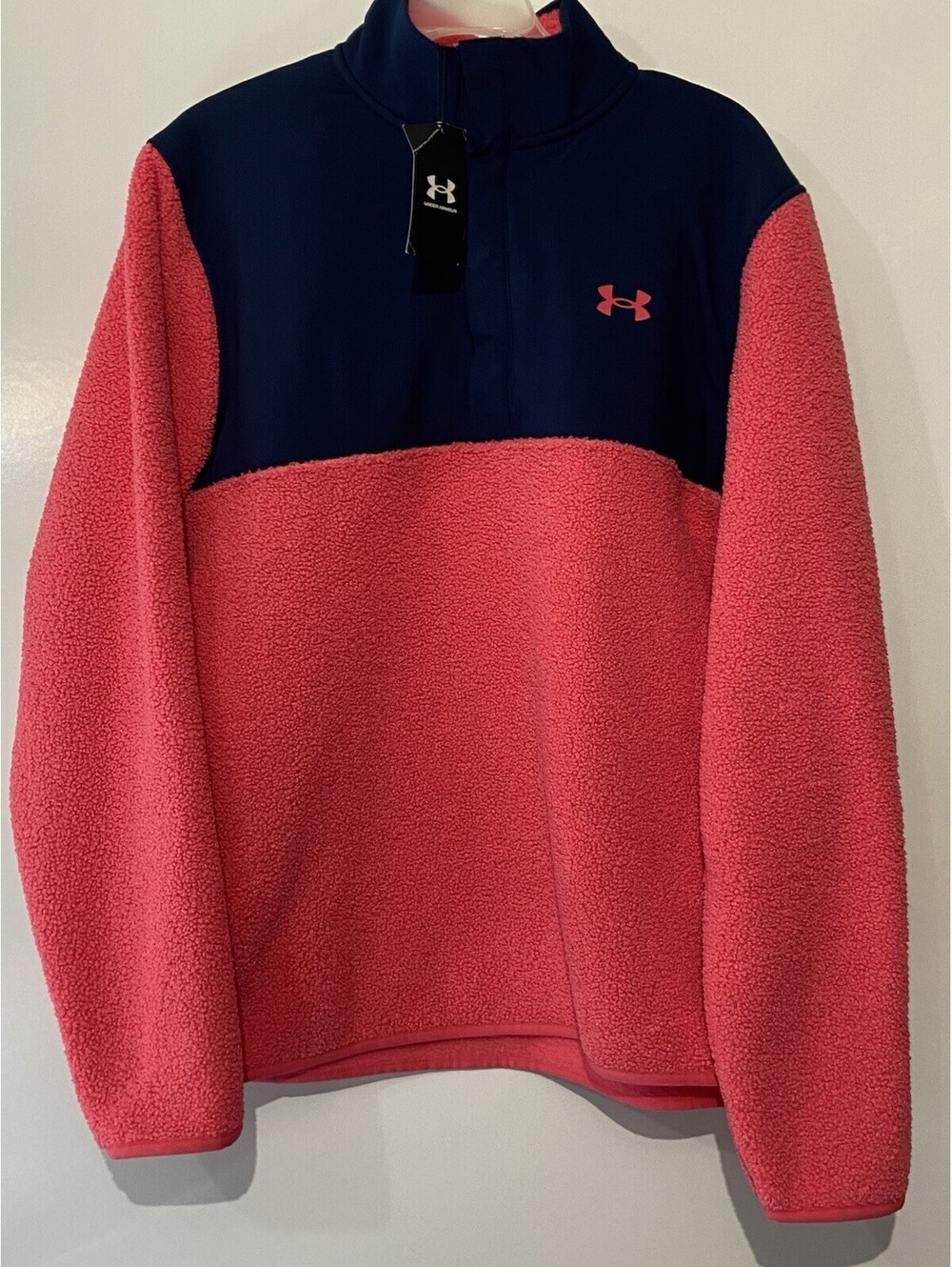 Mens UNDER ARMOUR Pink/Blue 1/2 Zip Fleece Storm Daytona Golf Pullover Sz L NEW